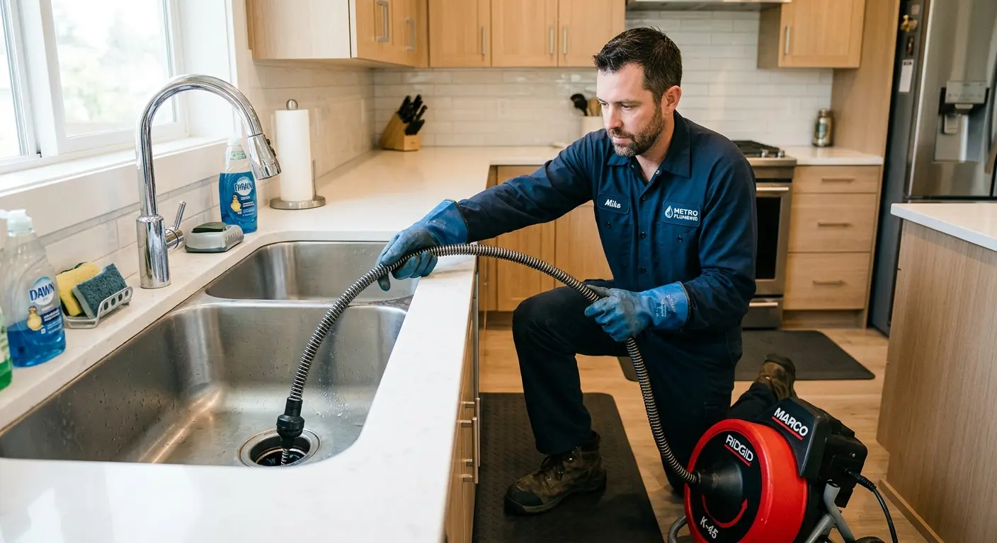 Drain cleaning technician using a motorized snake on a kitchen sink in Lake Barrington