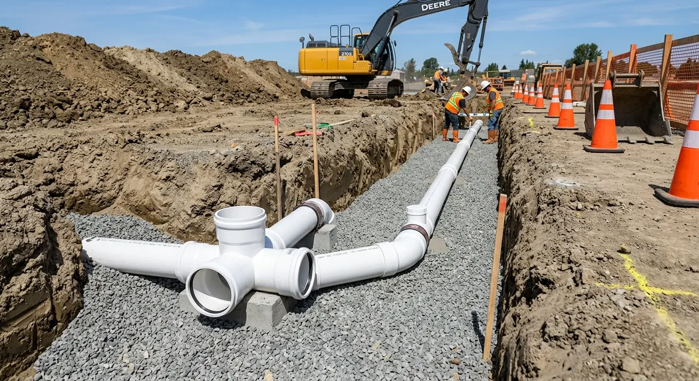 New PVC sewer pipe installation in open trench for Sewer Backup in Lake Barrington