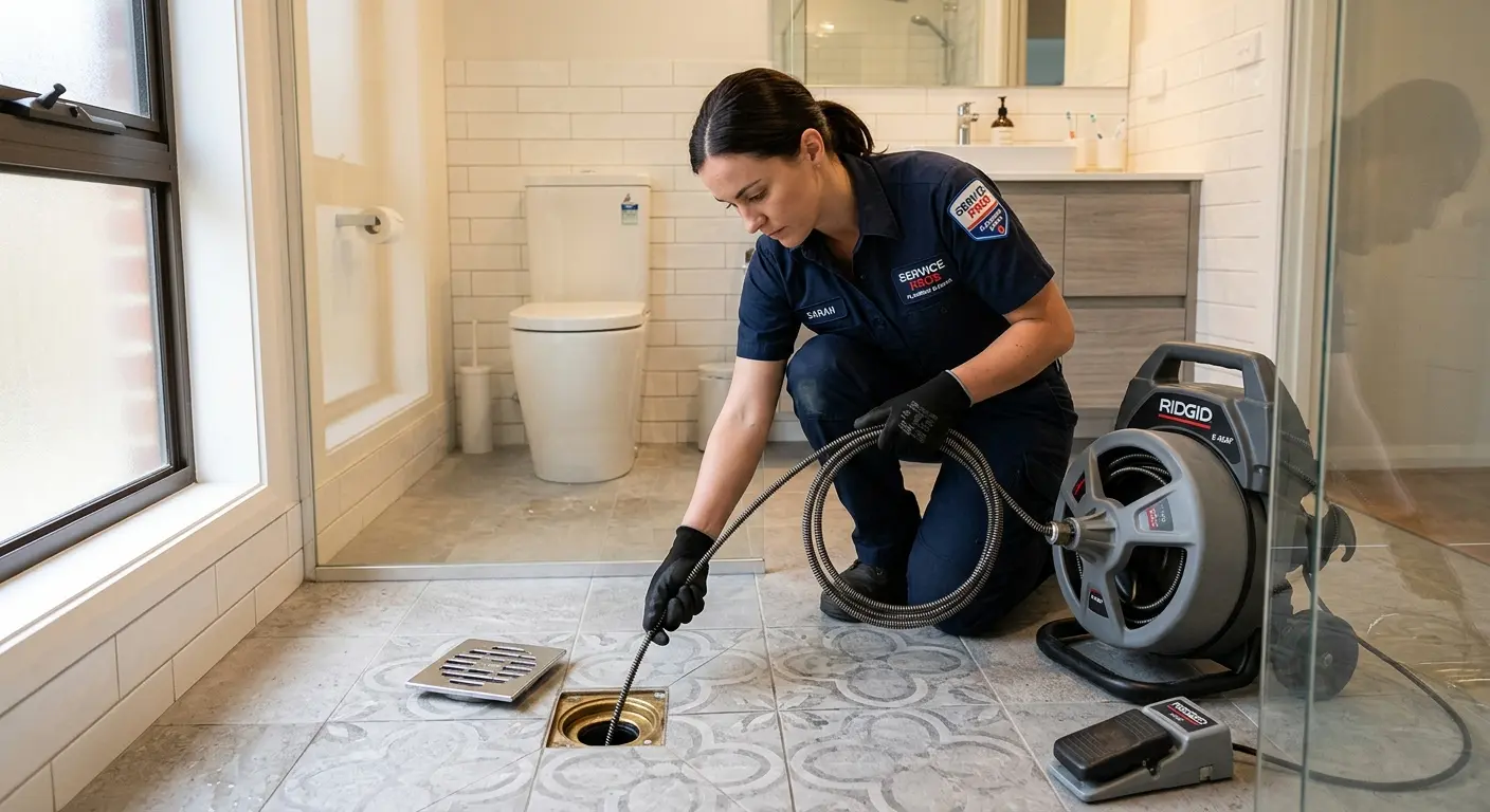Technician clearing a bathroom floor drain for Drain Cleaning in Lake Barrington